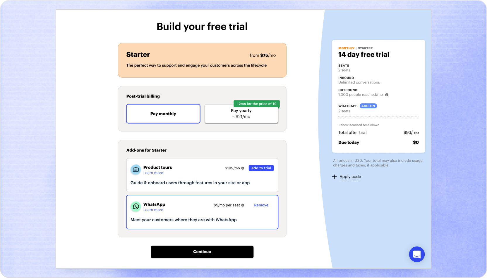 Intercom starter plan acquisition funnel: pricing and checkout flow interface